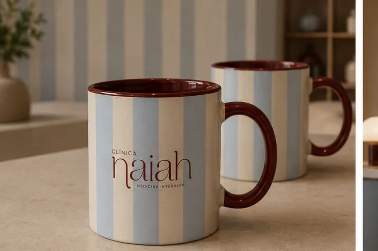 Canecas listradas com o logo da Naiah