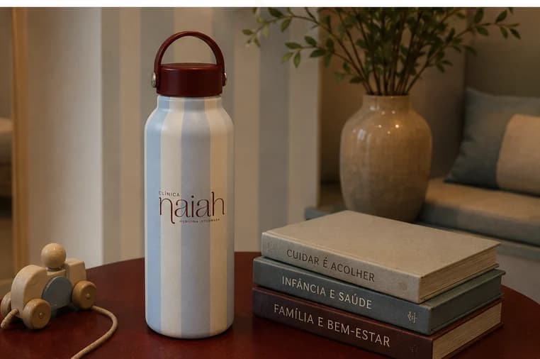 Garrafa listrada da Naiah sobre a mesa com livros